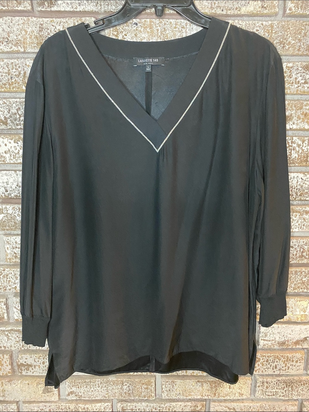 Lafayette 148 New York Black Silk V-Neck  with Contrast Piping